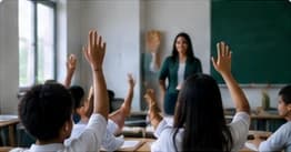 Alunos com as mãos levantadas durante uma aula