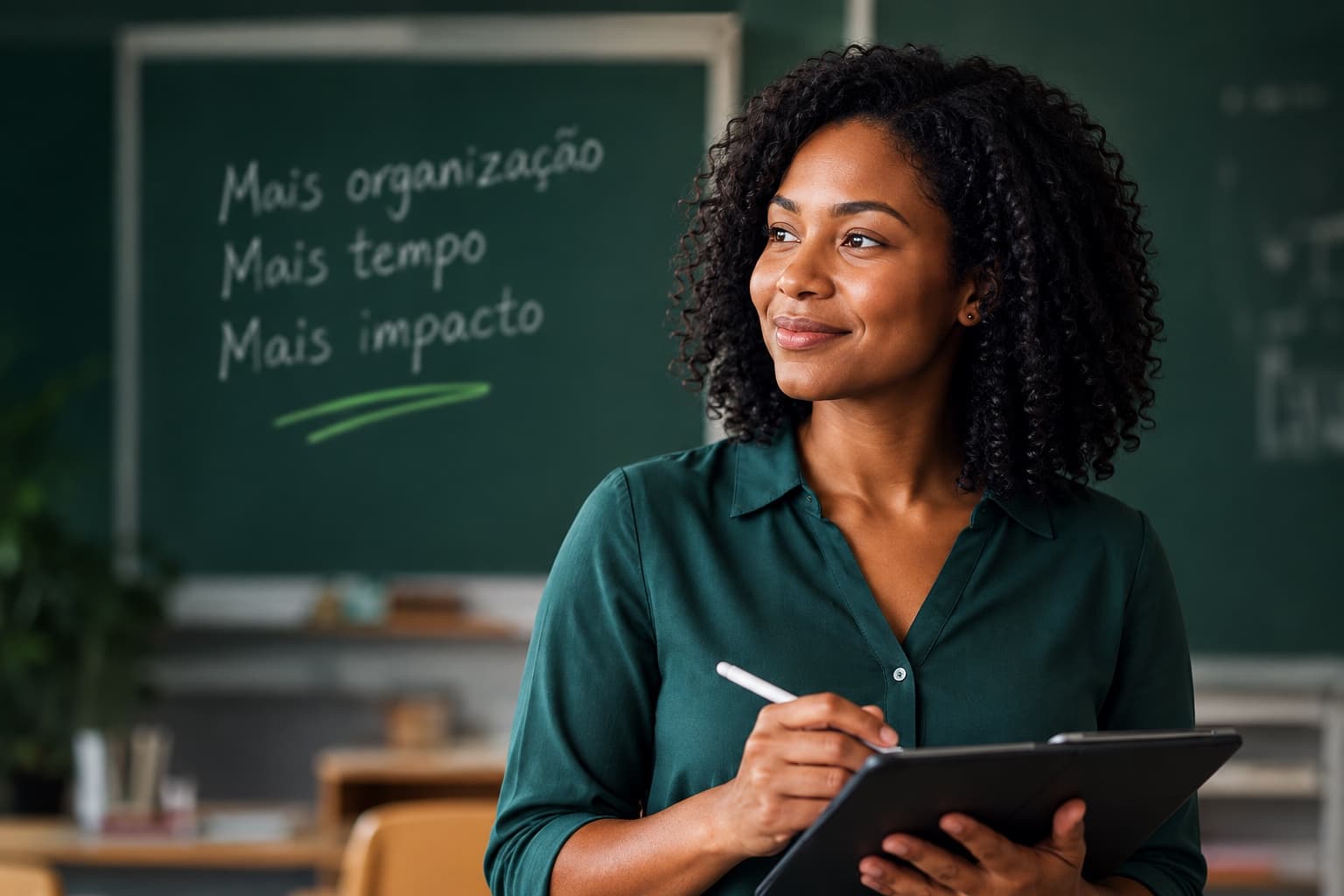 Professora com um tablet numa sala de aula
